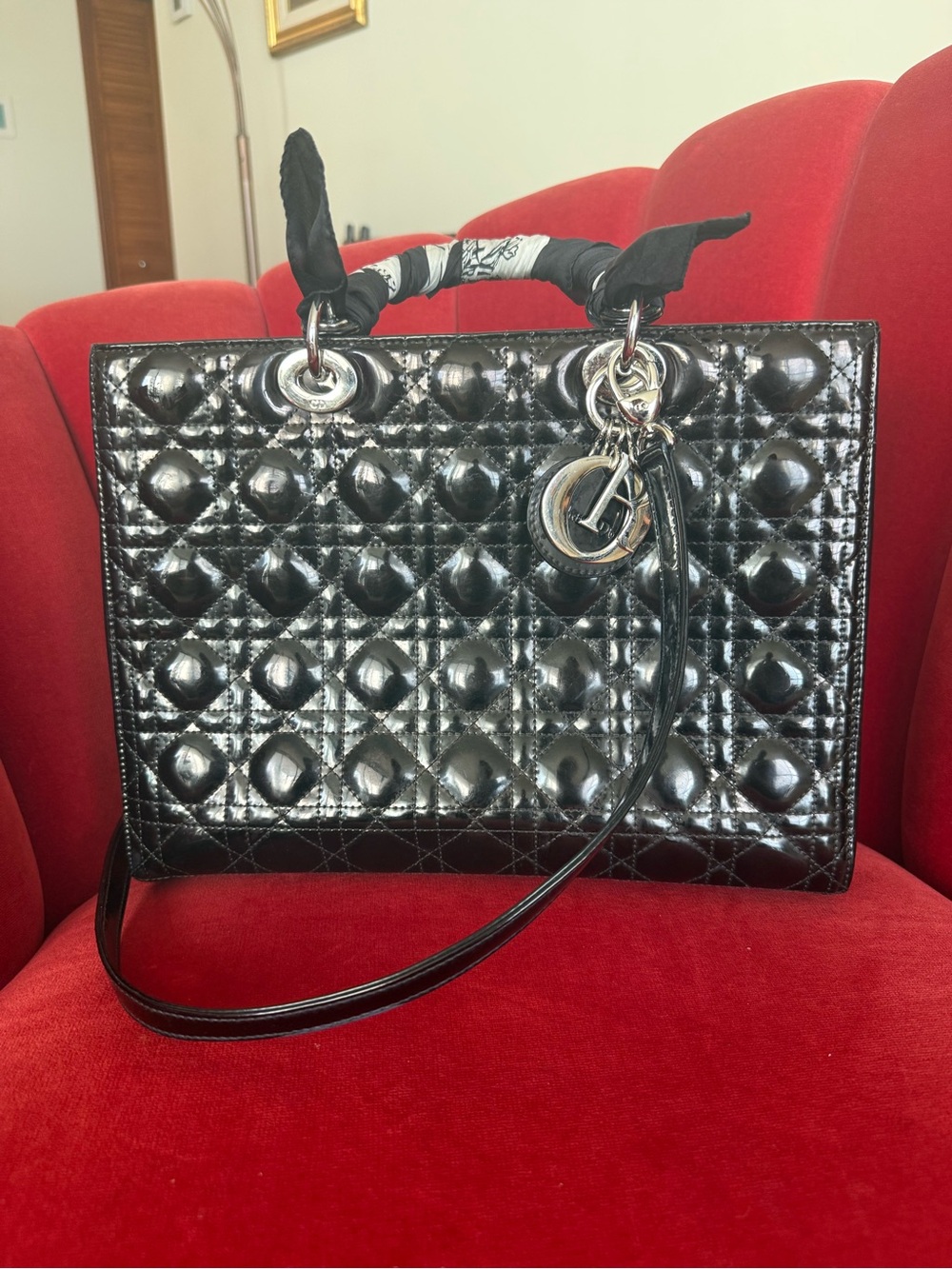 Dior Black Quilted Patent Leather Lady Dior Tote with Silver Hardware